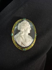 Antique Chalcedony Cameo 14K Gold Brooch/Pendant W/enamel & Emeralds
