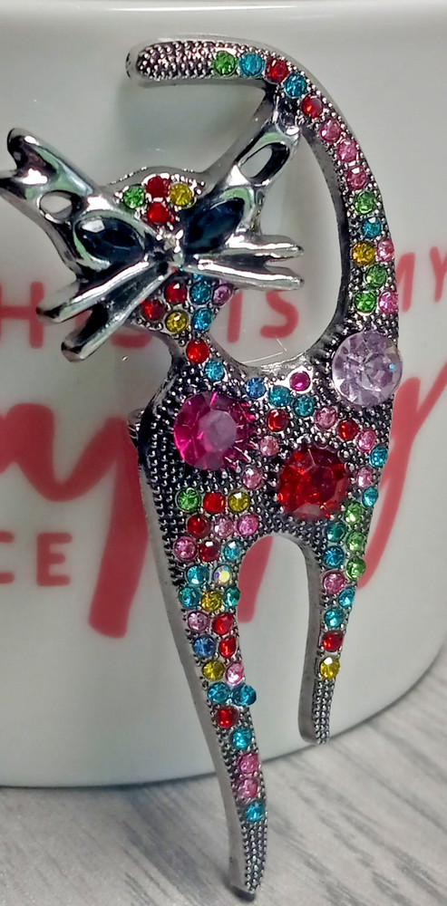 Silver Tone Multi Colored Rhinestone Cat Brooch