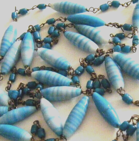 Antique Italian Murano 30s Blue marble Glass Beads Metal Links 56″ NecklaceAnt
