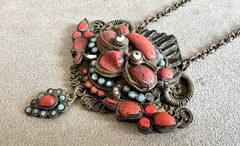 Vtg Tibetan Nepali HUGE 4″ WRATHFUL DEITY PENDANT Coral Turquoise Brass NECKLACE