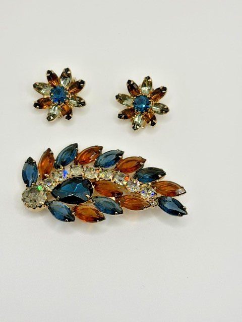 Vintage Weiss brooch and earrings set blue, topaz, and gray stones