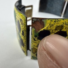 1950s 1970s MCM Enamel Copper Bracelet West Germany Mosaic Pattern Green Yellow