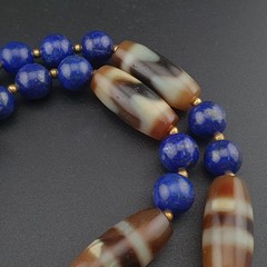 Vintage Tibetan Agate & Lapis Lazuli Necklace Zigzag Pattern Beads 22in
