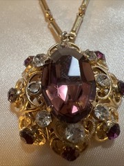Vtg Mid Century Germany Amethyst Purple Crystal Rhinestone Pendant Necklace