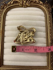 Vintage Gold Tone Holiday Christmas Bells Colorful Rhinestones Red Green Bow