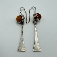 Vintage Modernist Baltic Amber Drop Earrings 875 Silver Soviet Era Dangle Hooks