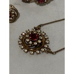 Vintage Gold Pink Rhinestone Jewelry Set Necklace Brooch Bracelet Earring Luxury