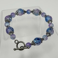 Purple Blue Crackle Glass Bead Bracelet Silver Filigree Caps Handmade 9”