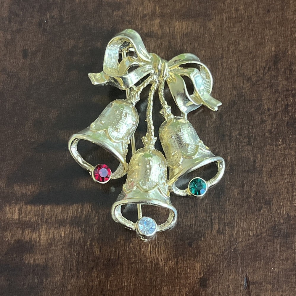 Vintage Christmas Bell’s Brooch Gold Tone With Red White And Green Rhinestone’s