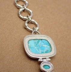 JTV Turquoise Link Bracelet Cushion Oval & Round Stones Sterling Silver 8-1/2″