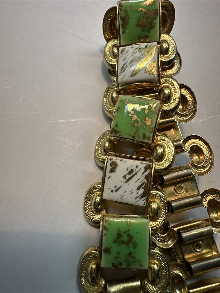 Vintage Golden Confetti Glitter White and Green Lucite Statement Bracelet