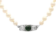 Single Strand Pearl Necklace with Sapphire, Diamond and 12k White Gold Clasp