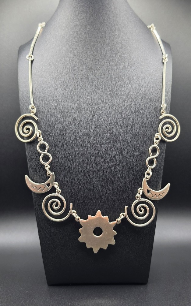 Vintage Mexico Sterling Silver 925 Celestial Sun Moon Stars Necklace 20″