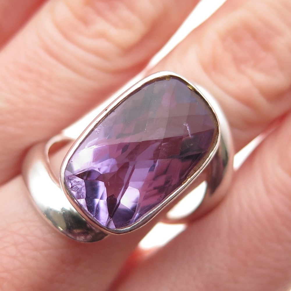 925 Sterling Silver Vintage Real Amethyst Modernist Ring Size 8.75