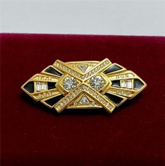 Vintage Jackie Collins 18K Gold Plated Black Enamel Clear Crystal Brooch Pin