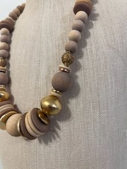 Vintage Chunky Wood and Gold-Tone Metal Mixed Bead Statement Necklace
