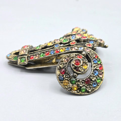 Art Deco Multi Color Paste Rhinestone Gilt Feminist Dress Clip