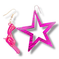 Vintage Y2K Era Earrings Star Zebra Neon Pink Dangle Style Scene Girl Style