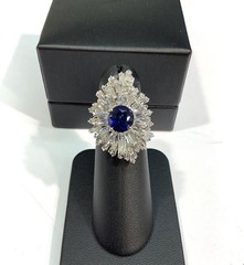18K White Gold 5.90ctw Oval Blue Sapphire & Tapered Baguette Diamond Ring