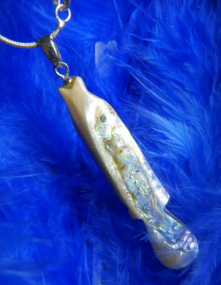 Abalone FISH 2″ x 3/8″ Carved 0.925 Sterling Silver estate 26″ Necklace