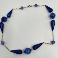 VTG Necklace Gold Tone Blue Marbled Beads 26″ Modern Art Nouveau Style