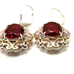 Vintage STS 925 Sterling Silver Red & Pink Faceted Stone Filigree Leverback Earr