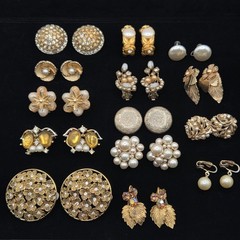 Lot of 14 Vtg Earrings Warm Gold & White Clip-On & Screwback Austria Japan Coro