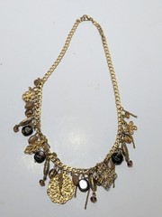 ✨VINTAGE✨ 16″ Ornate Gold Tone Dangling Necklace w/ Charms, Stones & Beads