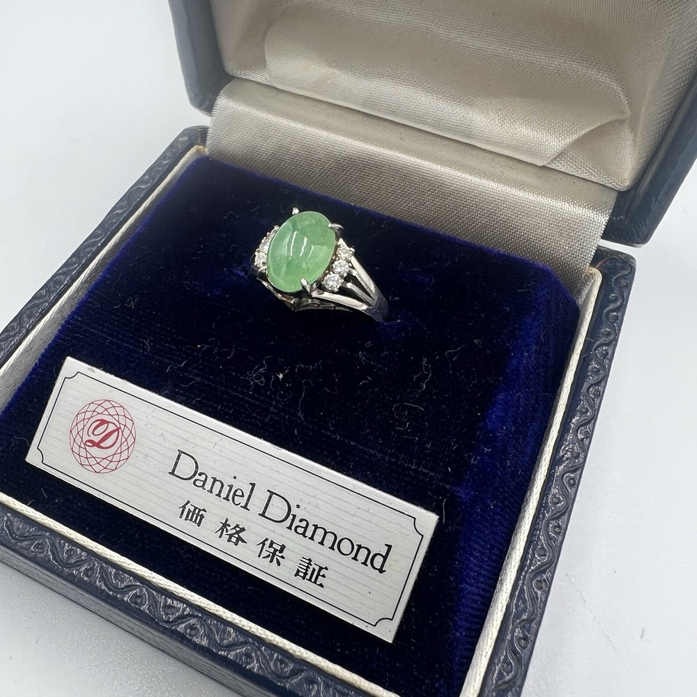 Vintage Pt850 Solid Platinum Green Jadeite Diamond Ring 5.5g Size 6.25 Japan