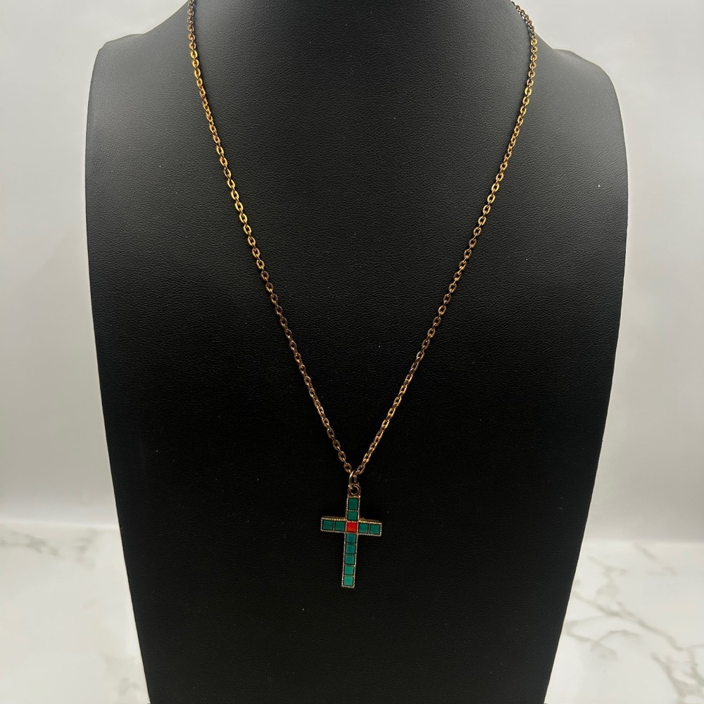 Vintage Gold Chain Necklace Turquoise Enamel Cross Pendant Southwestern Style