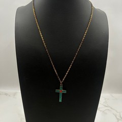Vintage Gold Chain Necklace Turquoise Enamel Cross Pendant Southwestern Style