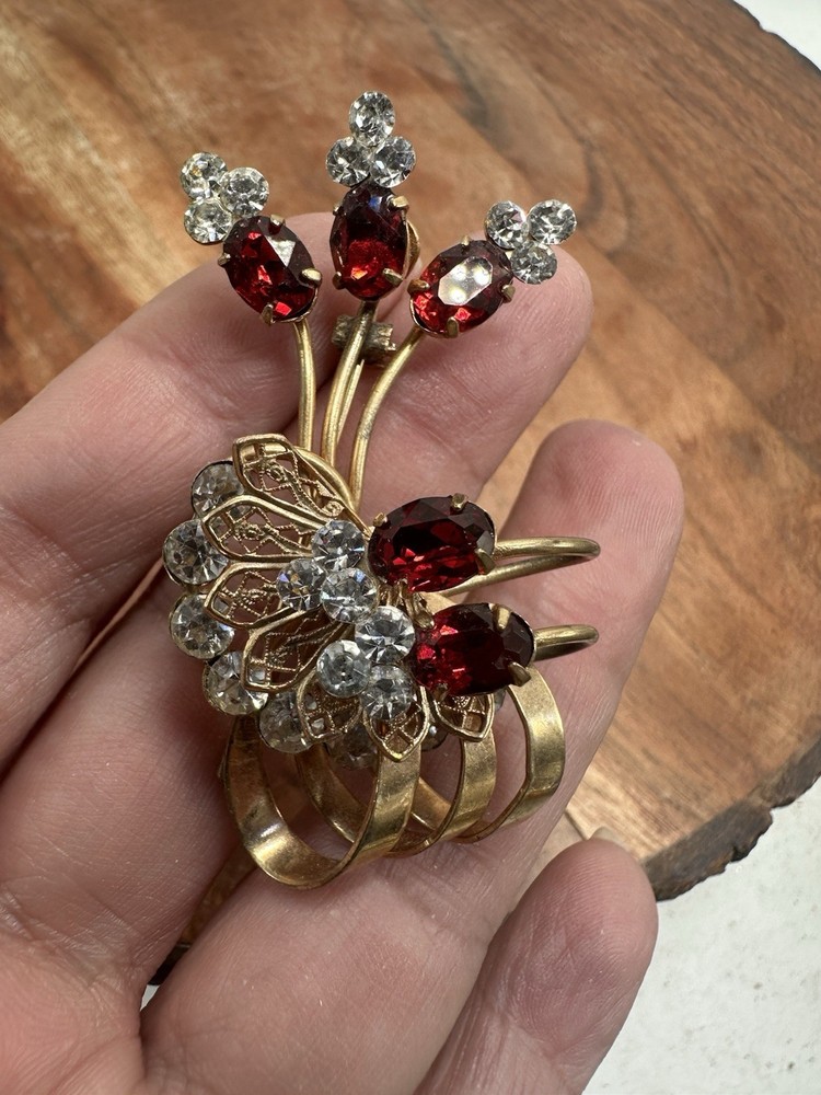 Vintage Gold Tone Red Clear Rhinestones Floral Flower Basket Brooch Pin