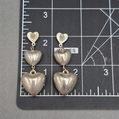 Vintage Silvertone Triple Puffed Heart Dangle Post Earrings 2″ Y2K Statement