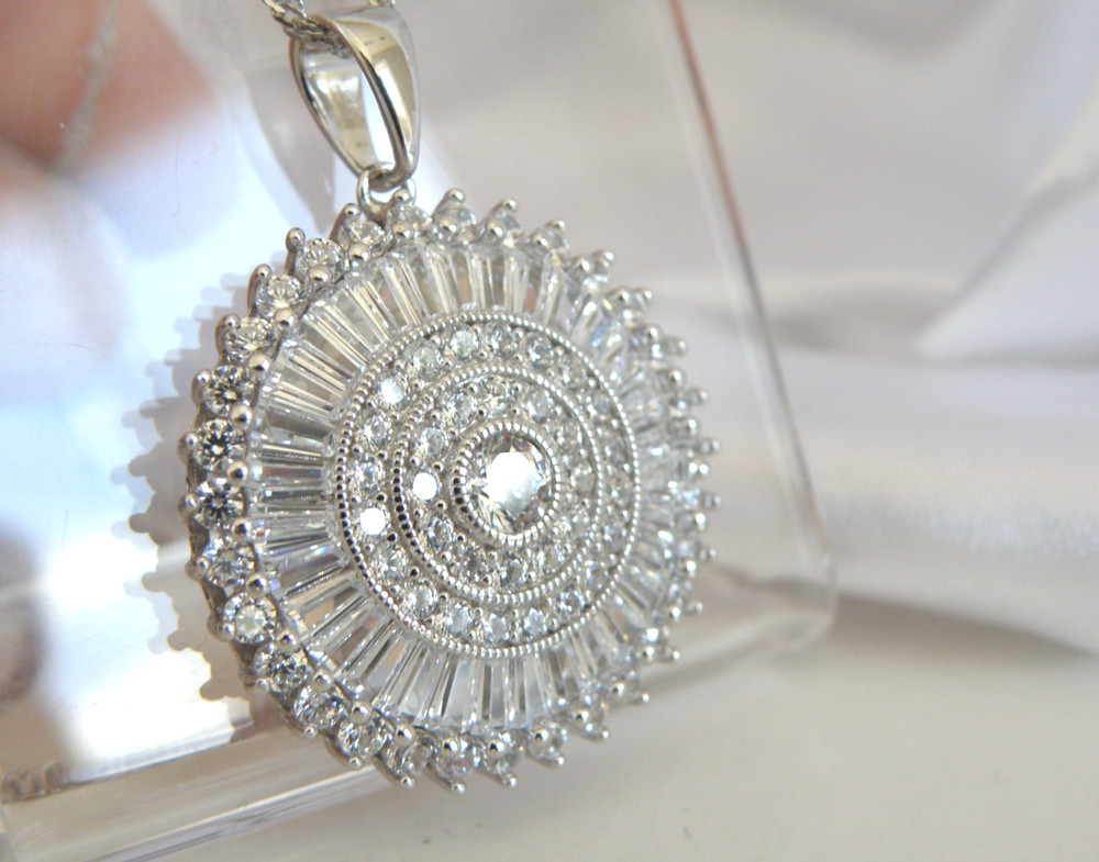 Vintage Style Sterling Silver 925 Baguette Starburst CZ Large Pendant Necklace