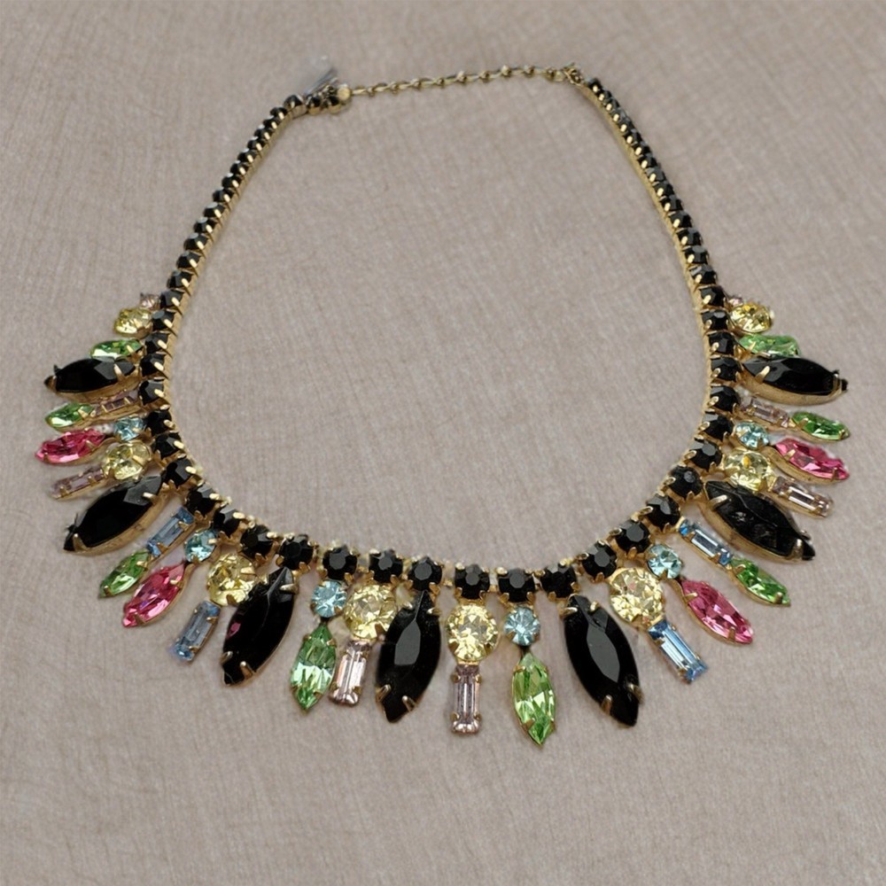 Vintage Juliana Style Rhinestone Necklace Black Multicolor D&E Look 17”