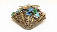 Chinese Export Gold Gild Brass Silver Enamel Flower Basket Pin Brooch Vintage
