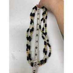Vintage Faux Pearl & Beaded Necklace 3 Strand Black White Gold Tone