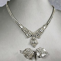Vintage Art Deco Rhinestone Necklace Earrings Set Clear Baguette Pave Lot 15″