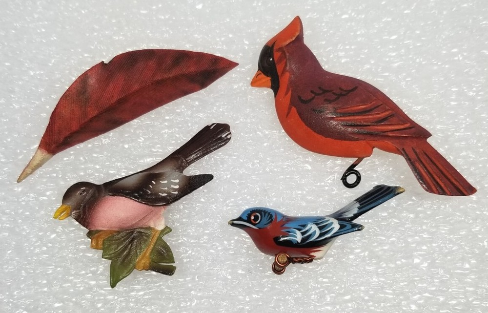 Handmade Bird Brooch Pin Lot of 4 – Takahashi? Wood Leather Cardinal Feather Vtg