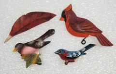 Handmade Bird Brooch Pin Lot of 4 – Takahashi? Wood Leather Cardinal Feather Vtg
