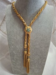 Vintage Ornate Gold Lariat Twisted Necklace With Turquoise Station & Clasp
