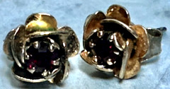 Dainty Vintage Gold Tone Rose & Red Rhinestone Pierced Earrings