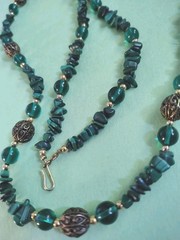 Vintage MALACHITE STONES & Green Glass Beaded Necklace in Silver Tone