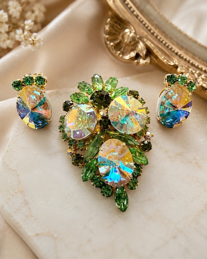Juliana D&E Aurora Borealis Rivoli Green Rhinestone Demi Parure Set