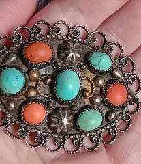 Antique Chinese Brass Turquoise & Coral Oval Brooch