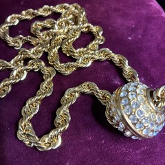VTG Heavy 14K Gold Plated Rope Chain Crystal Pave Slide Ball Enhancer Necklace