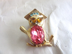 Vintage gold tone Wise Owl rhinestone pin