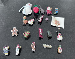 Vintage Christmas Pin Lot–18–20 Holiday Brooches–Snowmen, Santa, Trees, Angels