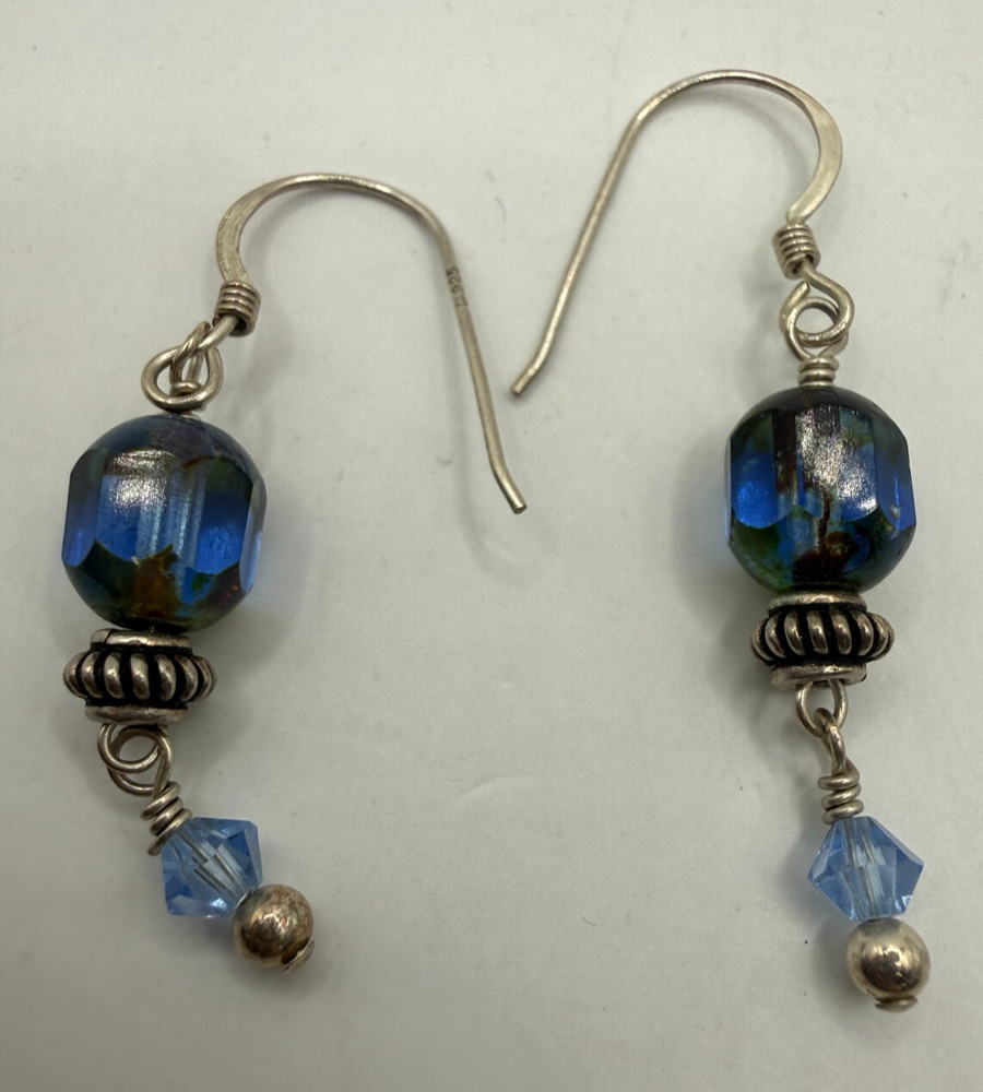 Vintage 925 Sterling Silver Blue Art Glass Drop Earrings Beaded Dangle Boho