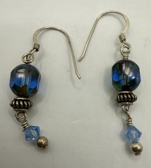 Vintage 925 Sterling Silver Blue Art Glass Drop Earrings Beaded Dangle Boho